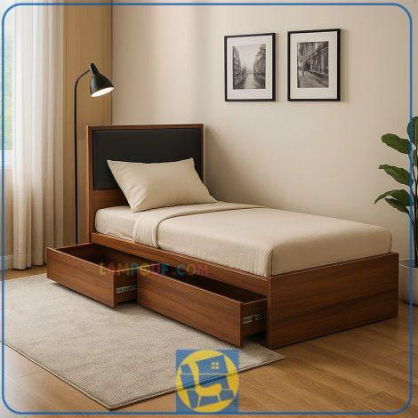 تخت خواب یک نفره SBJ118 دراور دار و کشو دار تاج دار که به صورت تختخواب یک نفره بزرگسال و کودک و نوجوان در داخل اتاق خواب در کنار سرویس خواب استفاده می‌شود.