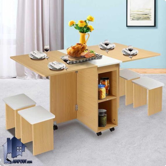میز نهارخوری تبدیلی DTJ69 به صورت تاشو و کمجا با صندلی که در آشپزخانه پذیرایی کافی شاپ و رستوران به عنوان ناهارخوری و غذاخوری استفاده می‌شود