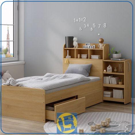 تخت خواب یک نفره SBJ131 به صورت ویترینی و کتابخانه دار و قفسه دار که به عنوان تختخواب یکنفره کشو دار در داخل اتاق خواب و در کنار سرویس خواب استفاده می‌شود