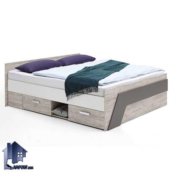 تخت خواب دو نفره DBJ136 به صورت کشو دار و قفسه دار که به عنوان تختخواب دونفره کینگ و کوئین در کنار سرویس خواب در داخل اتاق خواب استفاده می‌شود