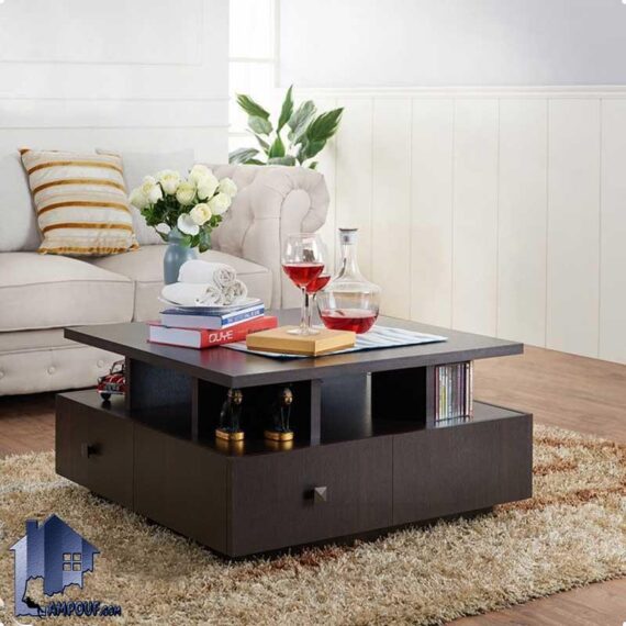 میز جلومبلی HOJ125 کشو دار و قفسه دار به صورت مربعی که به عنوان میز عسلی و جلو مبلی خانگی و اداری در کنار مبلمان مورد استفاده قرار می‌گیرد.