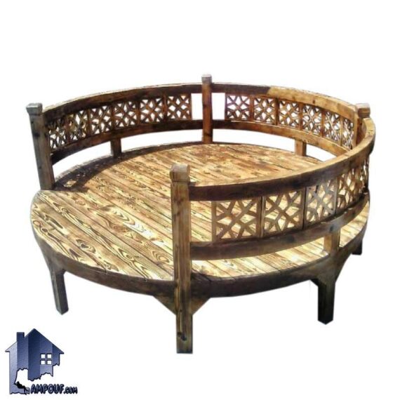 تخت چوبی سنتی گرد TrK235 که دارای قطر 180 سانتیمتر و مخصوص سفره خانه قهوه خانه رستوران سنتی بوده و به صورت باغی و خراطی شده ساخته می‌شود.