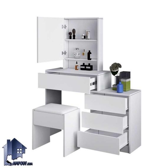 میز آرایش DJ378 با آینه کشویی و دراور سه کشو که به عنوان میز گریم و توالت و کنسول آینه دار در کنار سرویس خواب در داخل اتاق استفاده می‌شود.