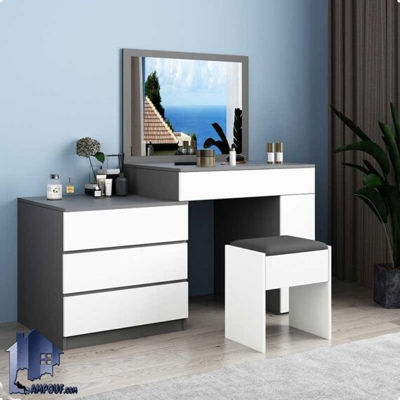 میز آرایش DJ385 کشو دار و آینه دار و صندلی دار که به عنوان کنسول و دراور در داخل اتاق خواب و در کنار سرویس خواب مورد استفاده قرار می‌گیرد.