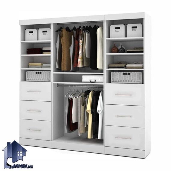 کمد جالباسی LHJ301 دارای دراور و کشو و قفسه و میله برای آویز رگال لباس که به عنوان کمد دیواری در کنار سرویس خواب در اتاق استفاده میشود.