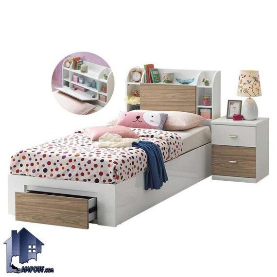 تخت خواب یک نفره SBJ147 تاج دار و قفسه دار و کشو دار که به عنوان تختخواب یکنفره در کنار سرویس خواب در اتاق نوجوان و بزرگسال استفاده میشود.