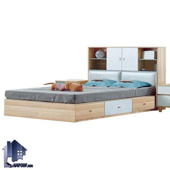 تخت خواب دو نفره DBJ146 به صورت کشو دار و کمد دار و قفسه دار که به عنوان سرویس خواب کمجا و تختخواب دونفره کینگ و کوئین استفاده میشود