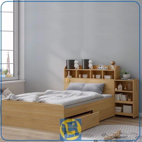 تخت خواب دو نفره DBJ149 کشو دار و قفسه دار با سایز های کینگ و کوئین که به عنوان تختخواب و سرویس خواب دونفره در اتاق خواب استفاده میشود