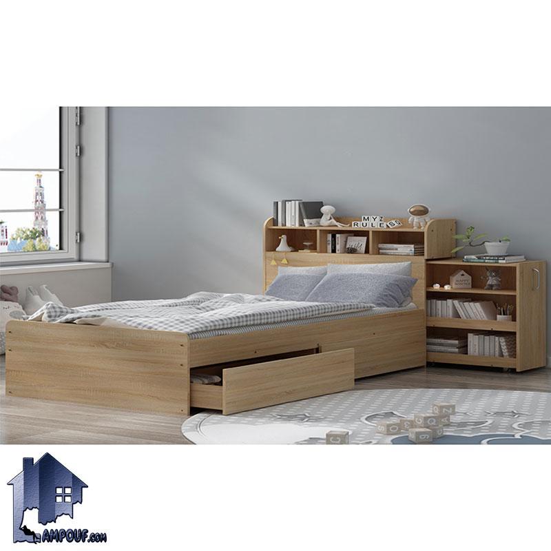 تخت خواب دو نفره DBJ149 کشو دار و قفسه دار با سایز های کینگ و کوئین که به عنوان تختخواب و سرویس خواب دونفره در اتاق خواب استفاده می‌شود