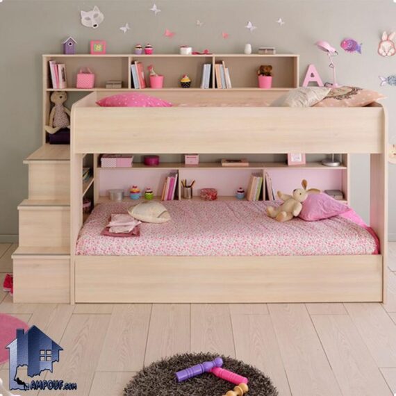 تخت خواب دو طبقه TBJ59 دارای پله و قفسه و ویترین و کتابخانه که به عنوان تختخواب دوطبقه و سرویس خواب کمجا در اتاق خواب استفاده میشود
