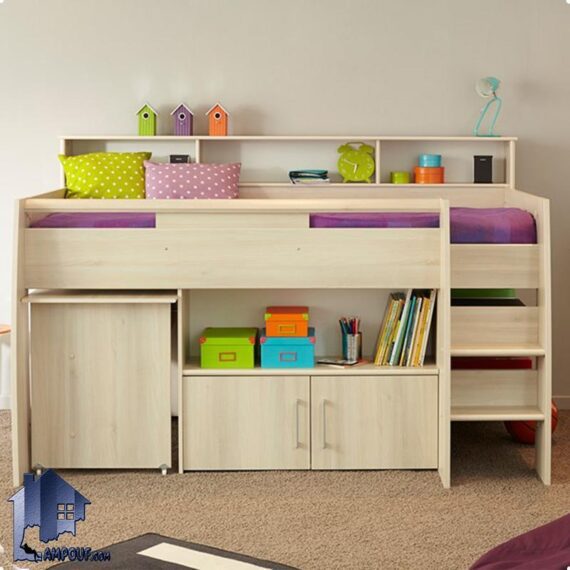 تخت خواب دو طبقه TBJ60 دارای کتابخانه و میز تحریر و مطالعه و قفسه و ویترین که به عنوان تختخواب دوطبقه و سرویس خواب کمجا شناخته میشود.