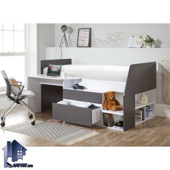 تخت خواب یک نفره SBJ154 که به عنوان تختخواب یکنفره کمجا و دارای میز تحریر و لپ تاپ و دراور و کتابخانه که در اتاق خواب قرار میگیرد