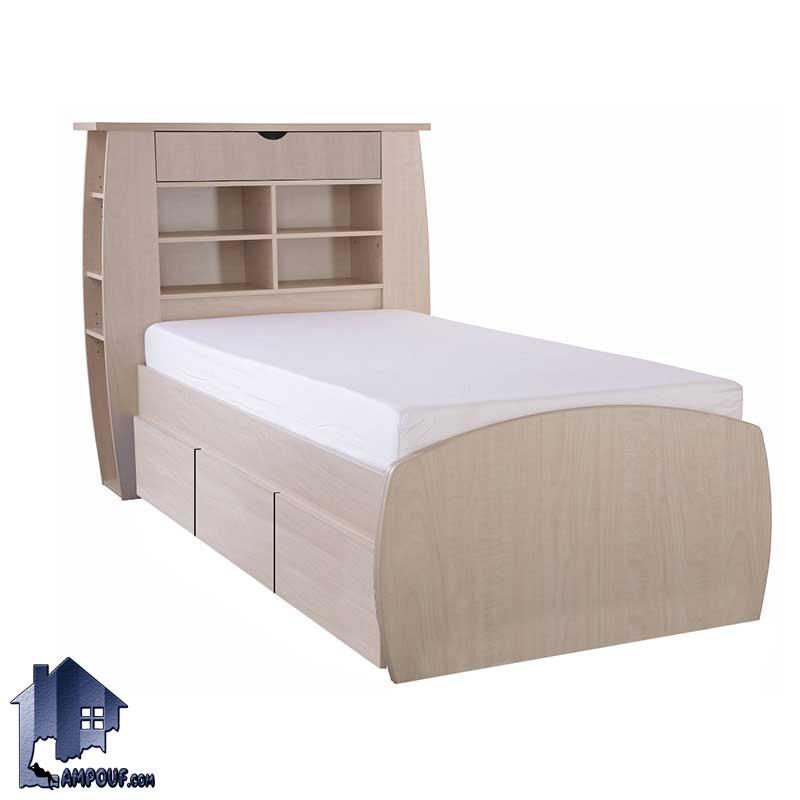 تخت خواب یک نفره SBJ156 کشو دار و دراور دار به همراه تاج با قفسه و ویترین که به عنوان تختخواب یکنفره در کنار سرویس خواب قرار می‌گیرد.