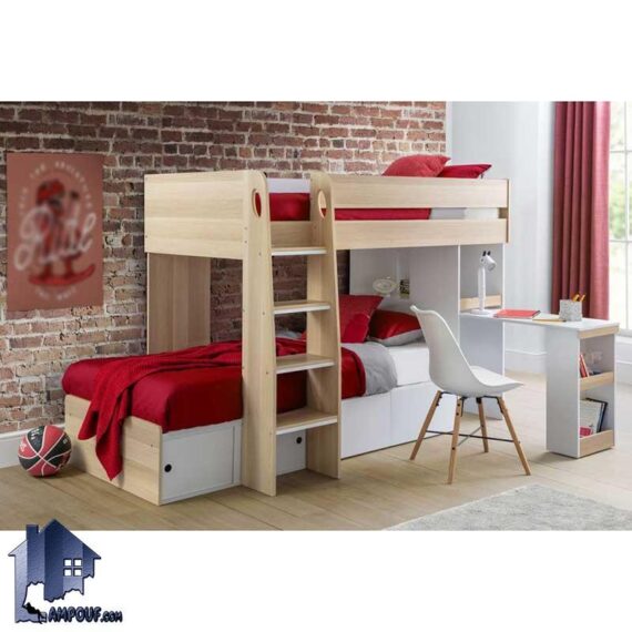 تخت خواب دو طبقه TBJ61 دارای میز تحریر و کشو و درب کشویی که به عنوان تختخواب و سرویس خواب دوطبقه در اتاق مورد استفاده قرار میگیرد.