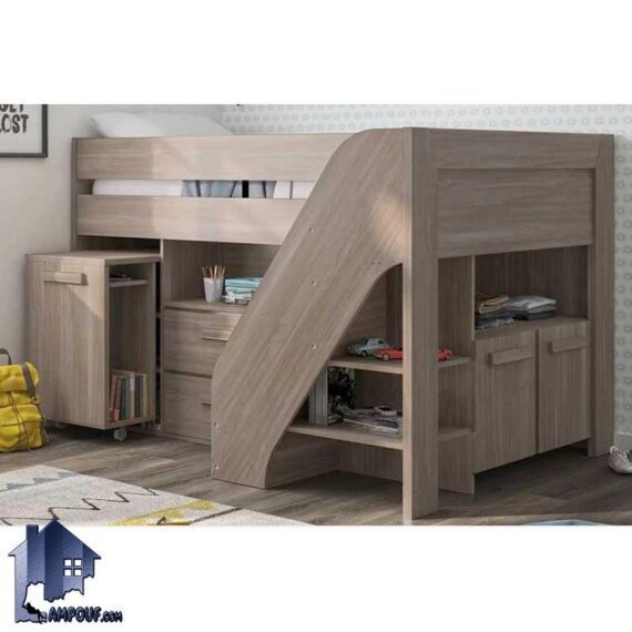 تخت خواب دو طبقه TBJ63 که به عنوان سرویس خواب و تختخواب یکنفره کمجا دارای دراور و کتابخانه و میز تحریر در اتاق خواب استفاده میشود.