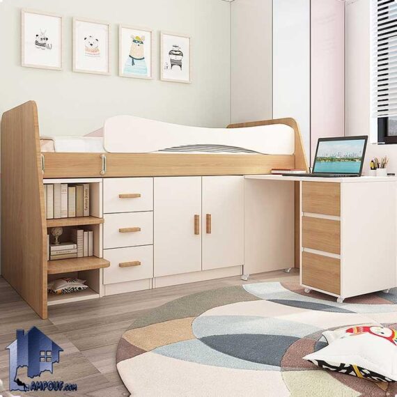 تخت خواب دو طبقه TBJ65 دارای دراور و میز تحریر که به عنوان تختخواب یک نفره و یا سرویس خواب کمجا در اتاق نوجوان و بزرگسال قرار میگیرد