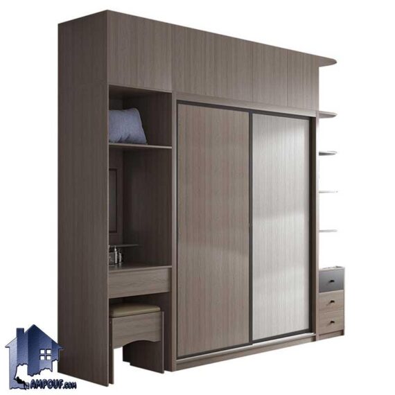 کمد جالباسی LHJ307 دارای میز آرایش و کشو و دراور و ویترین و قفسه که به عنوان کمد دیواری در کنار سرویس خواب در اتاق خواب استفاده می‌شود.