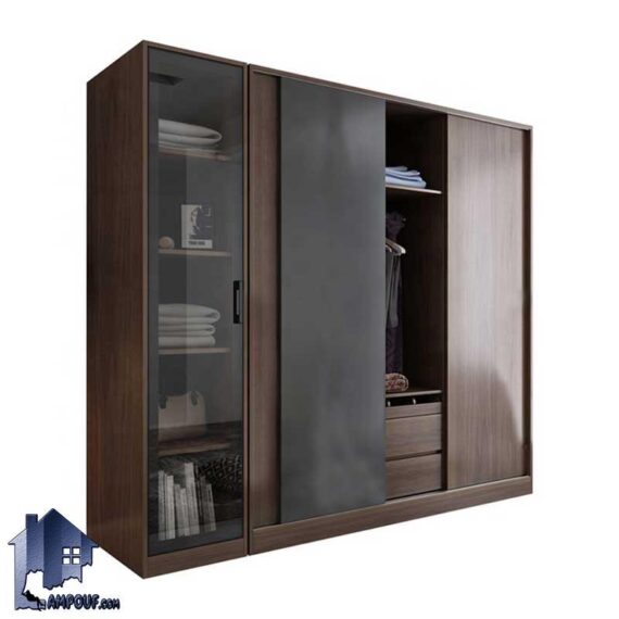 کمد جالباسی LHJ310 دارای کشو و درب ریلی و ویترین که به عنوان کمد دیواری لباس و کفش در اتاق خواب و در کنار سرویس خواب استفاده میشود.