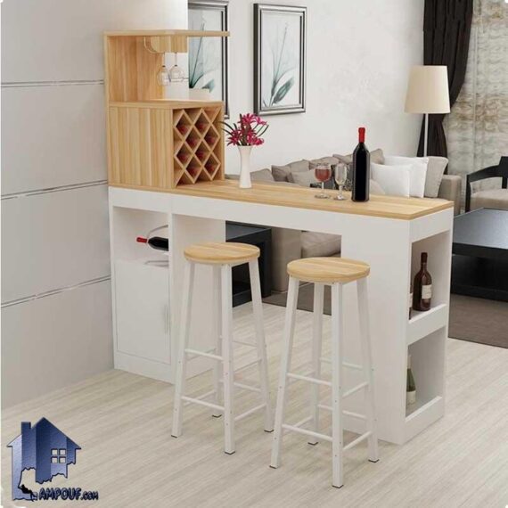 میز بار BTJ132 دارای قفسه و جای بطری که به عنوان پارتیشن و جداکننده و ویترین اپن و بار در پذیرایی و آشپزخانه و یا کافی شاپ استفاده میشود.