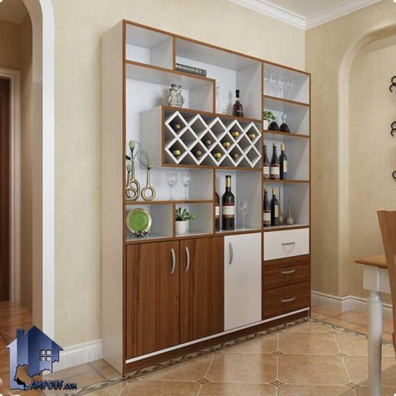 ویترین بار BTJ135 به صورت کابینت و دارای قفسه ظروف و بطری که به عنوان میز بار در آشپزخانه و پذیرایی و رستوران و کافی شاپ استفاده می‌شود.