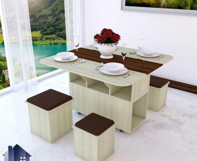 میز نهارخوری تبدیلی DTJ74 به صورت تاشو و کمجا که به عنوان میز ناهارخوری و غذا خوری در آشپزخانه و پذیرایی و کافی شاپ و رستوران قرار می‌گیرد.