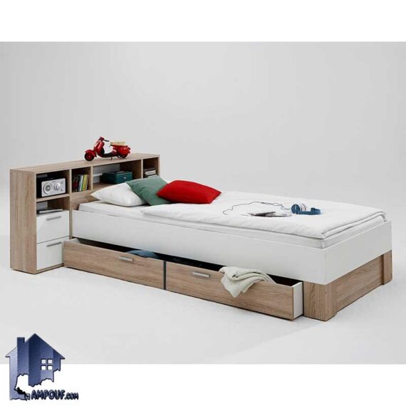 تخت خواب یک نفره SBJ162 دارای پاتختی متصل و تاج قفسه دار و کشو دار که به عنوان سرویس خواب و تختخواب یکنفره در اتاق خواب قرار می‌گیرد