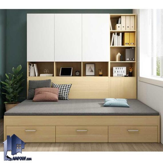 تخت خواب یک نفره SBJ165 دارای کمد جالباسی، جاکفشی، قفسه و جای چمدان که به عنوان تختخواب و سرویس خواب کمجا یکنفره در اتاق خواب استفاده میشود