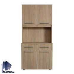 کابینت CSJ104 دارای کشو و کمد درب دار و میز که میتواند در آشپزخانه به عنوان فضایی برای ماکرفر و ماشین ظرف شویی و ظروف استفاده میشود
