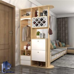 جاکفشی پارتیشن SHJ338 دارای آویز لباس کشو و درب جکدار داشبردی همچنین قفسه که به عنوان ویترین جداکننده ورودی منزل و پذیرایی استفاده میشود.