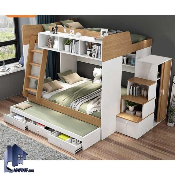 تخت خواب دو طبقه TBJ70 دارای کمد جالباسی و قفسه و کتابخانه و تخت میهمان و کشو که به عنوان سرویس خواب و تختخواب کمجا در اتاق قرار می‌گیرد.