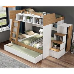 تخت خواب دو طبقه TBJ70 دارای کمد جالباسی و قفسه و کتابخانه و تخت میهمان و کشو که به عنوان سرویس خواب و تختخواب کمجا در اتاق قرار میگیرد.