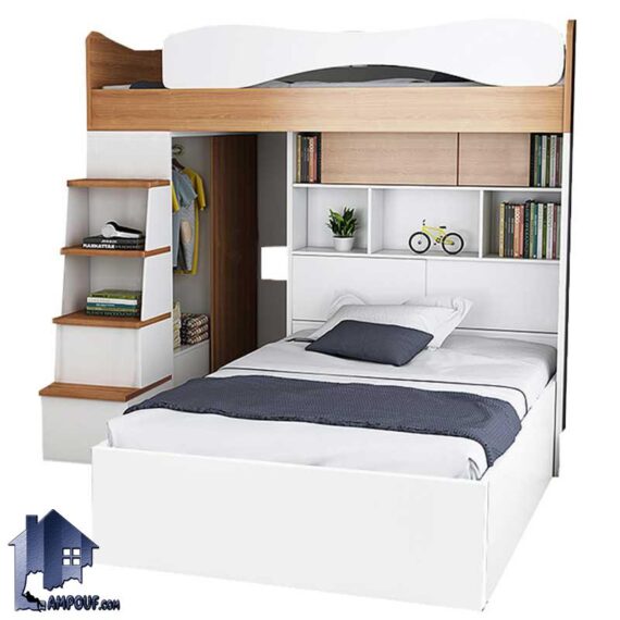 تخت خواب دو طبقه TBJ71 دارای کمد لباس و قفسه و کتابخانه که به عنوان تختخواب و سرویس خواب کمجا دوطبقه بزرگسال در اتاق خواب استفاده می‌شود