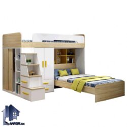 تخت خواب دو طبقه TBJ72 دارای کمد دراور جالباسی کتابخانه که به عنوان سرویس کمجا و تختخواب دوطبقه در اتاق نوجوان و بزرگسال استفاده میشود.