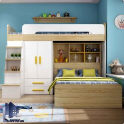 تخت خواب دو طبقه TBJ72 دارای کمد دراور جالباسی کتابخانه که به عنوان سرویس کمجا و تختخواب دوطبقه در اتاق نوجوان و بزرگسال استفاده میشود.