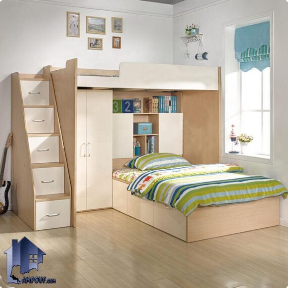 تخت خواب دو طبقه TBJ73 دارای کمد و قفسه و کتابخانه و همچنین پله کشو دار که به عنوان سرویس خواب و تختخواب دوطبقه در اتاق خواب استفاده می‌شود.