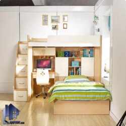 تخت خواب دو طبقه TBJ75 دارای میز تحریر کتابخانه و کشو و دراور که به عنوان تختخواب دوطبقه و سرویس خواب کمجا در اتاق نوجوان استفاده می‌شود