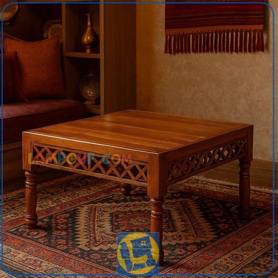 میز جلومبلی سنتی TrK99 به صورت مربعی که در کنار تخت و صندلی و مبل باغی چوبی مشبک در منازل و قهوه خانه ها و رستوران سنتی استفاده میشود.