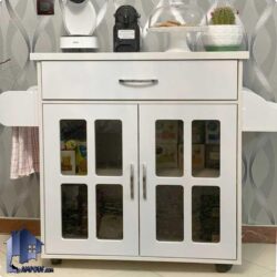 کابینت CSJ106 دارای درب شیشه ای و قفسه و جا حوله و دستمال که به عنوان میز و کنسول آشپزخانه، بار در منازل، کافی شاپ و رستوران استفاده میشود