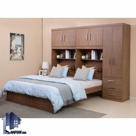 تخت خواب دو نفره DBJ161 به صورت کمد دار دارای قفسه و کتابخانه که به عنوان سرویس خواب و تختخواب دونفره کمجا در اتاق خواب استفاده میشود.