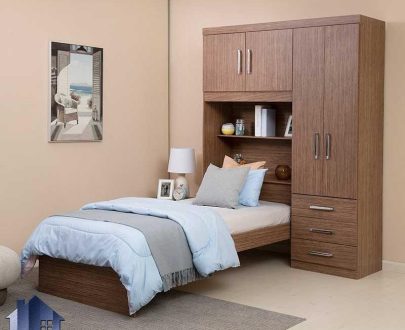 تخت خواب یک نفره SBJ170 کمد دار دارای قفسه لباس و کفش و ویترین که به عنوان تختخواب و سرویس خواب یکنفره کمجا در اتاق خواب استفاده می‌شود