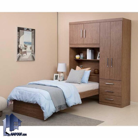تخت خواب یک نفره SBJ170 کمد دار دارای قفسه لباس و کفش و ویترین که به عنوان تختخواب و سرویس خواب یکنفره کمجا در اتاق خواب استفاده می‌شود