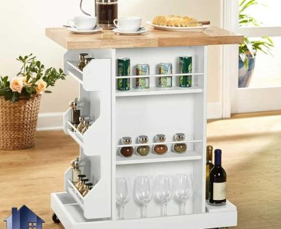 میز بار BTJ136 دارای قفسه بطری و گیلاس و ظرف که به عنوان میز چرخ دار و ویترین برای آشپزخانه و پذیرایی و کافی شاپ و رستوران استفاده می‌شود