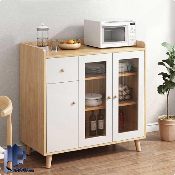 کابینت CSJ107 دارای درب شیشه ای و قفسه که به عنوان میز ماکروفر، قهوه ساز و میز بار آشپزخانه در منازل و کافی شاپ و رستوران استفاده می‌شود.