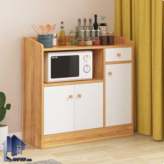 کابینت CSJ108 دارای قفسه برای جای ماکروفر و درب، کشو برای قرار گیری ظرف که به عنوان میز بار در آشپزخانه، پذیرایی و کافی شاپ استفاده می‌شود.