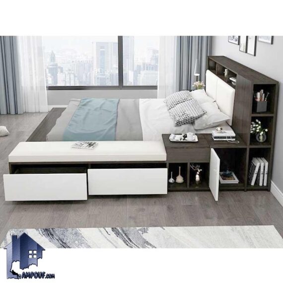تخت خواب دو نفره DBJ166 با سایز کینگ و کوئین دارای پاف یا نیمکت، کشو و قفسه که به عنوان سرویس خواب و تختخواب دونفره در اتاق قرار می‌گیرد