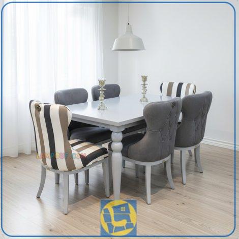 ست میز نهارخوری DTB72 دارای صندلی مبلی چوبی که به عنوان میز غذا خوری در آشپزخانه و پذیرایی و داخل رستوران و کافی شاپ استفاده می‌شود.
