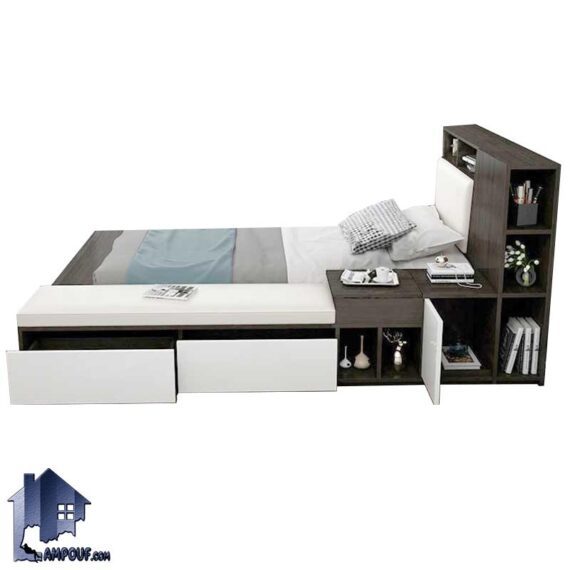 تخت خواب یک نفره SBJ177 دارای قفسه، کشو، ویترین، پاف یا نیمکت و تاج با طراحی زیبا که به عنوان سرویس خواب و تختخواب یکنفره استفاده میشود.