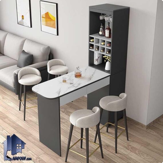میز بار BTJ139 دارای کشو و قفسه بطری که به عنوان میز کانتر یا پیشخوان و کابینت و ویترین اپن و بار در آشپزخانه و کافی شاپ قرار می‌گیرد.
