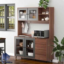 کابینت CSJ117 دارای کشو و قفسه و درب شیشه ای به صورت ویترین که به عنوان میز بار، قهوه ساز و ماکروفر در آشپزخانه و کافی شاپ استفاده میشود.