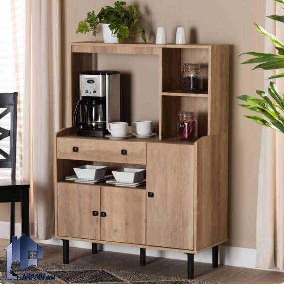 کابینت CSJ123 دارای میز قهوه ساز و ماکروفر که به عنوان کمد یا کابینت و کنسول ظروف در آشپزخانه و پذیرایی و کافی شاپ و رستوران استفاده می‌شود